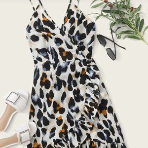 Plus Size White Leopard Print Wrap Cami Dress